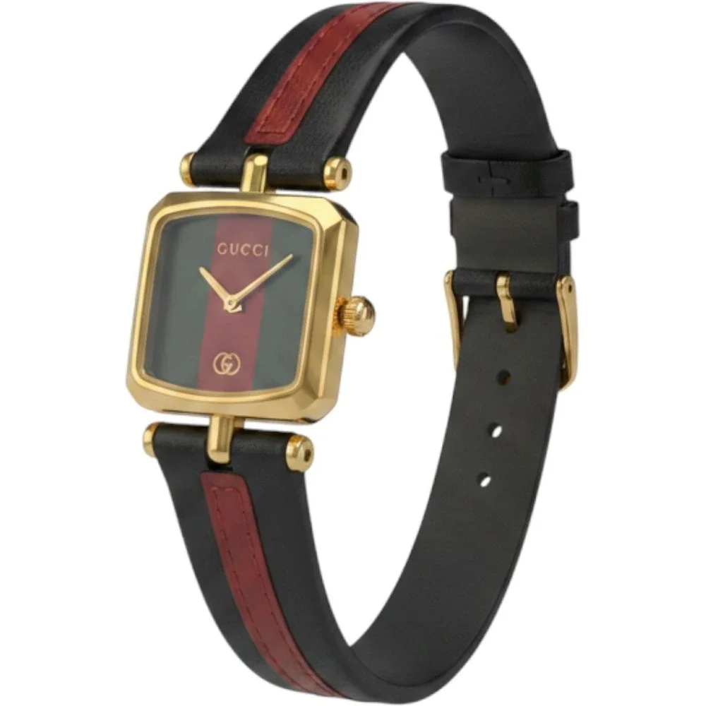Gucci 1900L Vintage Square Web Stripe Gold Tone Leather Strap Watch